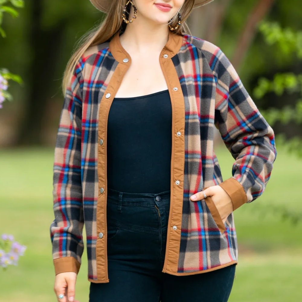 Plaid Button-Up Jacket with‎ Tan Accents